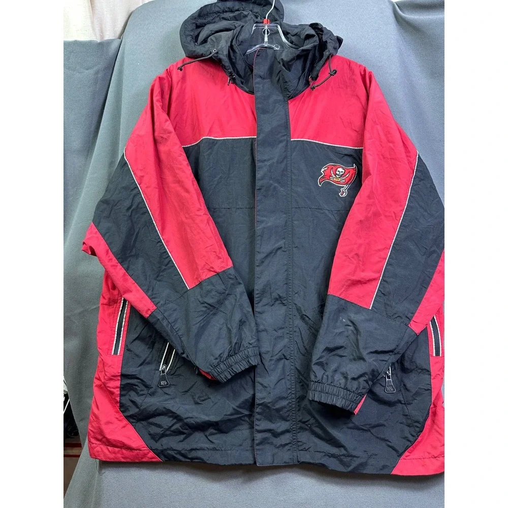 NFL Tampa Bay Buccaneers Hooded Jacket Red Black Colorblock Men Medium Full Zip